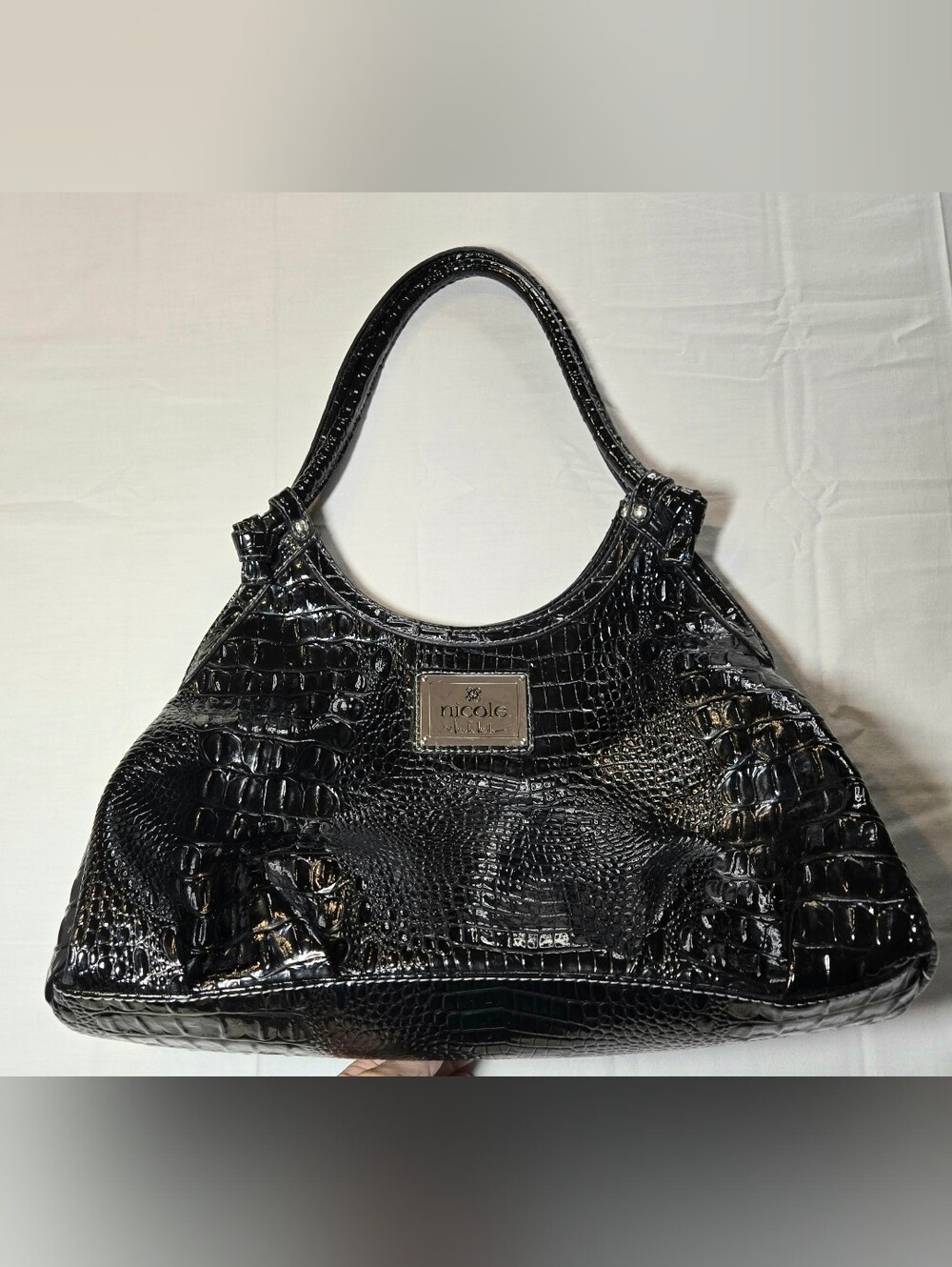Nicole Miller Black Patent Croc Hobo Shoulder Bag Y2K